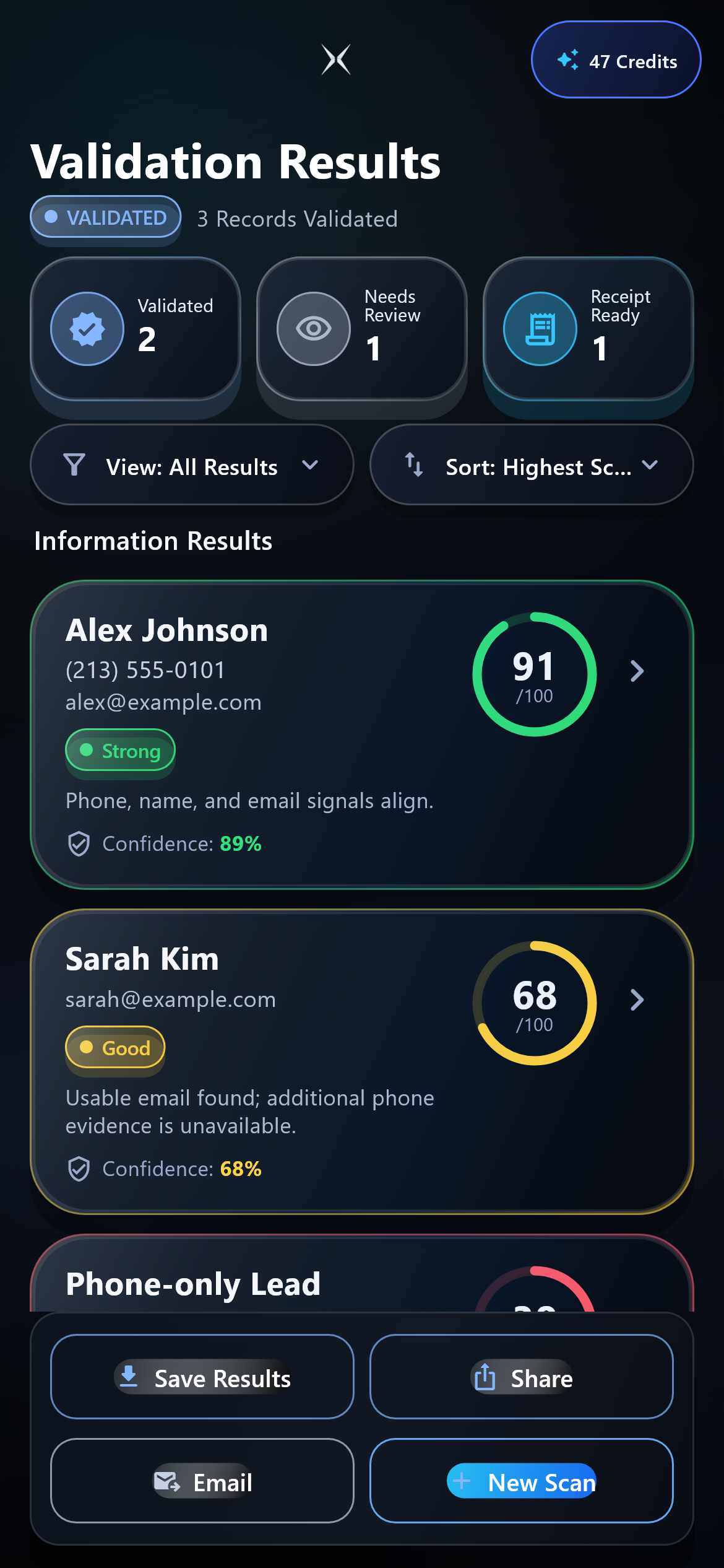 ZeroScanX validation results showing quality scores and evidence-backed outcomes